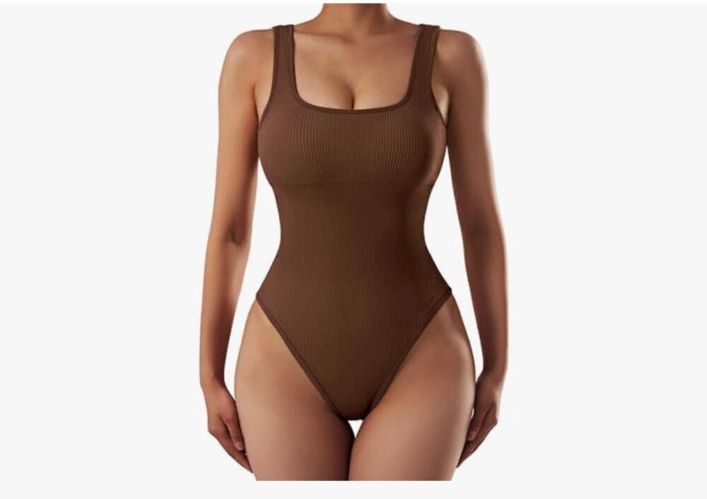 Brown ribbed tank shapewear bodysuit square neck Size XL